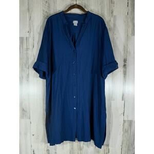 Chicos Button Up Long Tunic Size 4 or 20 22 Blue Chambray Textured Side Slits